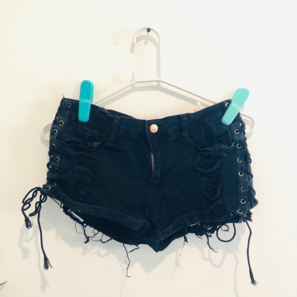 Fashion wear jeans black denim short side lace up